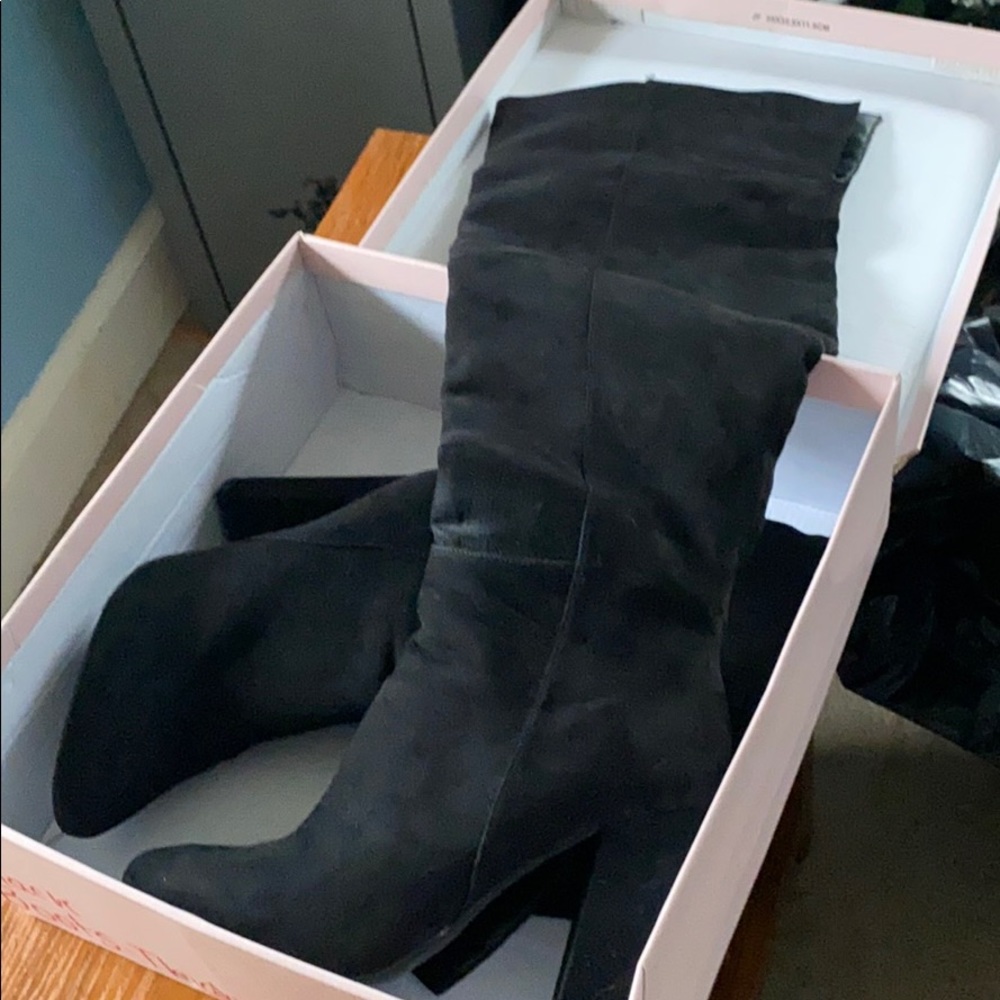 Black suede thigh high boots with heel